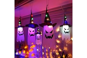 AVESSI Halloween Decorations, Outdoor Light, IP44 Waterproof Witch Hat String Lights, 5 Glowing Ghost Hat Lamps, Battery Powered Halloween Lights for Indoor Outdoor Home Party Yard Garden Tree