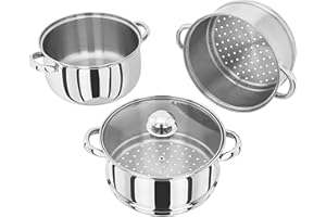 Judge Essentials HX04 Cuiseur Vapeur à 3 étages en Acier Inoxydable 22 cm, Couvercle en Verre ventilé, cocotte intégrale, Passe au Four, Compatible avec Les plaques à Induction, Garantie 10 Ans