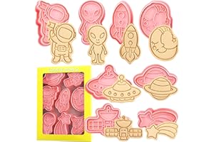 Crethink Stampini per biscotti spaziali, 8 stampi per biscotti in plastica, divertenti stampi per biscotti a tema cartone animato, set di formine per biscotti a tema spaziale 3