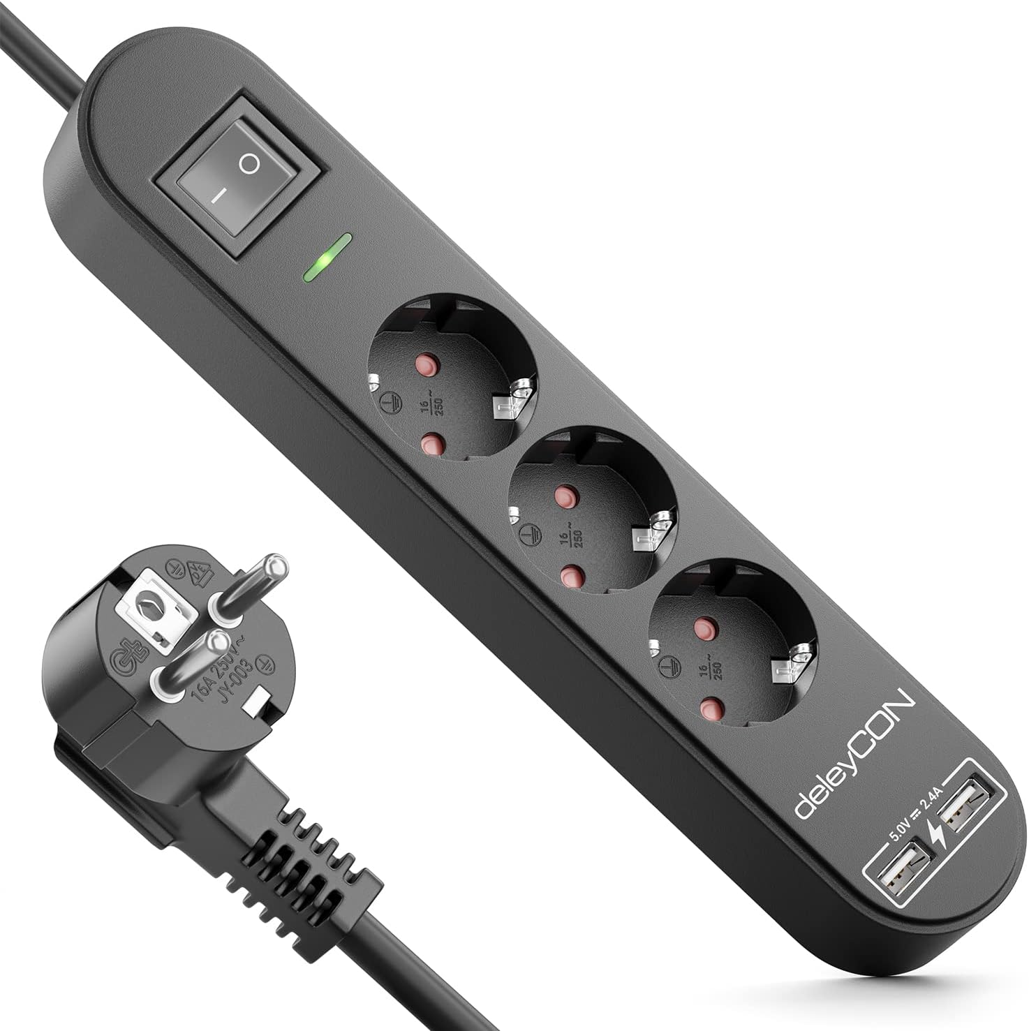 deleyCON Regleta con 5 m, Tres Tomas, Puertos USB, Dos Salidas USB-A para Cargar Móvil y Tableta, Protección contra Sobretensión, Interruptor, Negro