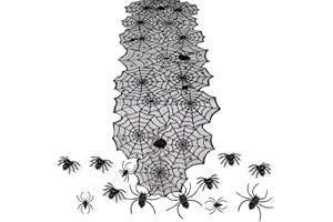 WINWILD Decoraciones de Mesa de Halloween: Camino de Mesa, telarañas y Juego de decoración de araña de 12 Piezas, Fiesta de telaraña, Cinta de Mesa Negra con Camino de Mesa de Encaje (180 × 45 cm)