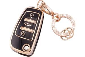 Koaudb Car Key Fob Cover Fit for Audi A1 A3 A4 A6 A8 Quattro Q3 Q7 S3 S6 RS3 RS6 R8 TT TTS 3 Buttons Flip Key Case Cover Soft TPU Key Shells with Keychain Black Gold (R-Ad-3-B)