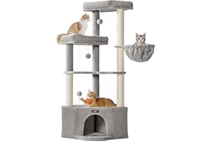 Feandrea Arbre à Chat, 48,5 x 48,5 x 140,7 cm, Tour de Jeux pour Chats, avec Niche, Grandes Plateformes, Balles en Peluche, Hamac, Gris Tourterelle PCT009G01