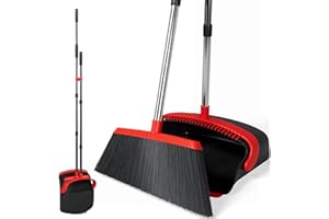 REXO - 55" Adjustable Long Handled Dustpan And Brush Set. Ergonomic Tall Standing Dustpan Brush Set With Long Handle, Lobby Broom For Everyday Sweeping (Red, Black)