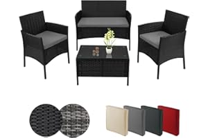 BB Sport Poly Rattan Seating Set for 4 People, Table and 2 Chairs, Bench Seat, 5 cm Thick, Balcony Furniture Set, Balcony Furniture Set, Balcony, Patio, Garden, Outdoor, Colour: Titanium Black/Pebble