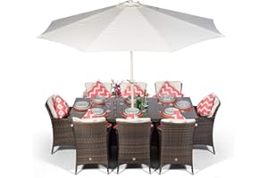 GIARDINO Savannah Rattan Dining Set | Large Rectangle 8 Seater Brown Rattan Dining Set | Outdoor Poly Rattan Garden Table & Chairs Set | Patio Conservatory Wicker Garden Dining Furniture with Parasol & Cover