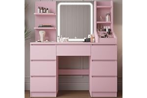 TRIUMPHKEY Toeletta da Trucco con Luci LED,Postazione Trucco,Toletta con Specchio,Tavolo da Trucco on 4 Ripiani,7 Cassetti e 3 Scomparti Aperti,Moderna (Rosa)