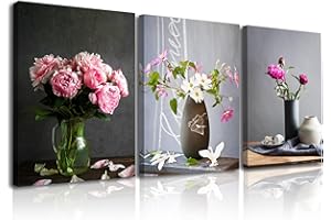 PIY PAINTING 3X Quadro Su Tela Di Peonia Rosa Nel Vaso, Fiori Stampe da Parete Modern con Cornice, Peonia Rosa Immagine Pronto da Appendere come Arredamento da Cucina, Regalo di Capodanno, 30x40cm