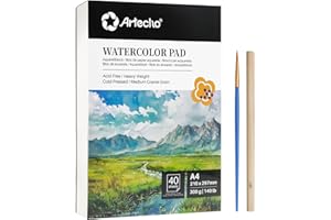 Artecho Aquarellpapier A4 300g 40 Blatt mit Aquarellpinsel und Bleistift, Weiß Aquarellblock 21×29.7 cm, Malblock für Aquarell, Acryl, Zeichnen, Malen.