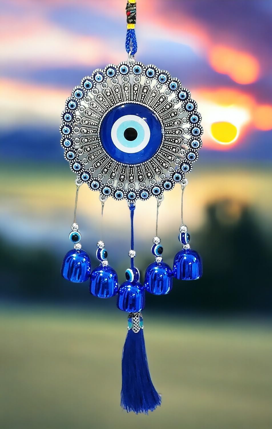 Paradigm Pictures 5 Bells Wind Chimes for Home Positive Energy, Evil Eye Hanging for Home, Evil Eye Home Decor Items, Hanging