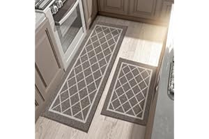 BEQHAUSE-Kitchen-Rugs-Non-Slip-Kitchen-Mats-for-Floor Machine Washable Kitchen Mats 2 Pieces Brown Kitchen Runner Carpet with TPR Backing, Rolled Packaging, 60X89cm+60X152cm