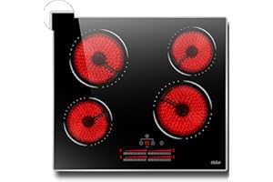 Ceramic Hob 60 cm Hobsir hob Electric Hob 4 Zone with Slide Touch Control 6000W, Glass Protection Metal Frame, Timer & Kid Safety Lock, 9 Power Levels, 220V-240V Hard Wire (No Plug)