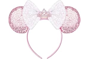 YUNISS Maus Ohren Haarreif, Pailletten Haarreifen mit Glitzer Schleife, Kostüm Prinzessin Party Zubehör für Mädchen und Damen (Rosa Krone)