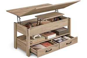VASAGLE Soffbord, Lyftbart soffbord, Gaslyft, 2 lådor och 3 fack under bordet, 1 öppet fack, för vardagsrum, kontor, kamelbru