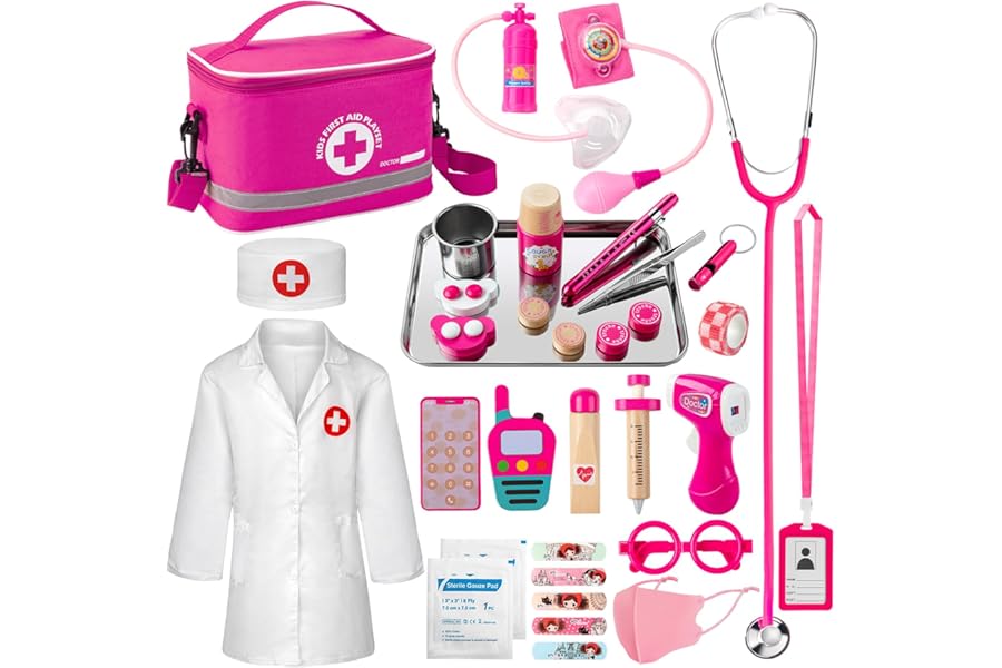 EFO SHM Doctors Set for Kids Age 3+, Kids Medical Kit with Realistic Stethoscope, Wooden Doctor Playset, Costume, Pretend Play Educational Toy Gift