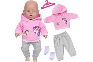 XERTEAM 4 Stück Puppenkleidung für 14-18 Zoll Babypuppen, Neue Süße Cartoon Puppenkleidung für Babypuppen 30 33 35 45 cm, Rosa Pony -Hoodie+Graue Hose+Socken+Kleiderbügel, Puppen Kleidung Geschenk für Kinder