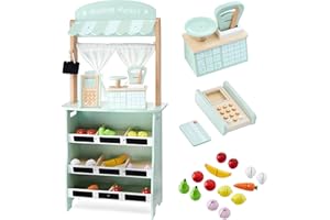 mamabrum Puesto Mercado Infantil 2 en 1 - Teatro y Tienda de Madera con Báscula, Terminal Pago, Frutas y Verduras Cortables con Velcro - Juguete Educativo para Niños