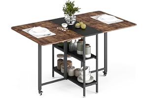 ‎MONDEER Mondeer Mobiler Klappbarer Esstisch, Klapptisch mit 2 Offenen Ablagen für Kleine Räume Esszimmer Küche, 140 x 80 x 75 cm, Rustikales Braun und Schwarz