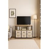 miyuhome 2 Raflı 6 &Ccedil;ekmeceli Tv Sehpası Deri &Ccedil;ekmeceli Tv &Uuml;nitesi Kitaplıklı Tv sehpası krem