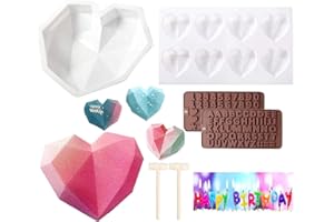 GOLDMIKY Molde Silicona Forma Corazón (6 piezas) -Molde Corazón Diamante Romántico + Bandeja Molde Corazón Cavidades + Molde Letra 2 Chocolate + 2 Martillos Madera, Kit Bricolaje Ideal para Tartas