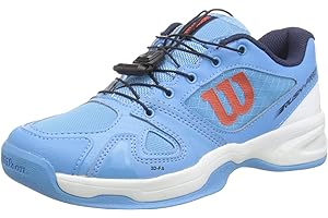Wilson Junior/Enfant Chaussures de Tennis, Rush Pro JR QL Carpet, Bleu/Blanc/Orange, 34, pour Les Courts en Salle, pour Joueurs de Tout Niveau, WRS326260E015