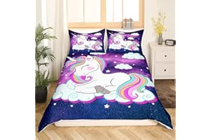 Loussiesd Kinder Einhorn Bettwäsche 135x200 cm Galaxy Magical Tierdekor Bettwäsche-Set für Mädchen Jungen Teens Regenbogen-Verträumtes Pferd Bettbezug Lila Blau Bettwäsche 2 Stück Reißverschluss