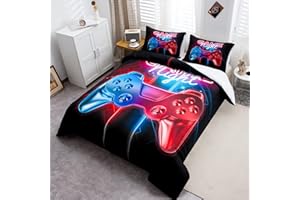 Loussiesd Spielthema Muster Bettwäsche-Set Gamepad Bettbezug für Kinder Jungen Männer Modern Gamer Dekorative Bettwäsche 135x200cm Videospiel-Controller-Aktionstasten Bunt drucken Coole