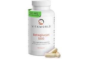 ‎VITA WORLD Beta Glucan - Beta Glucan Kapseln hochdosiert 500mg pro Tag (90 vegane Kapseln) - für das Immunsystem - hohe Bioverfügbarkeit mit Vitamin C + Zink - laborgeprüft, ohne Zusätze & Gluten - vitaworld