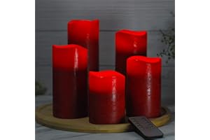 M Mirrowing Red Flameless Christmas Candle, Red Pillar Candles with Remote Control, Real Wax, Realistic Flicker Candles, Set of 5 (3" Dx4/5/6/7/8 H) Battery Operated (Red)