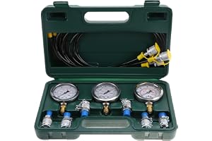 Hydraultrycktestkit för grävmaskin med tryckmätare och värmetålig slang i förvaringslåda