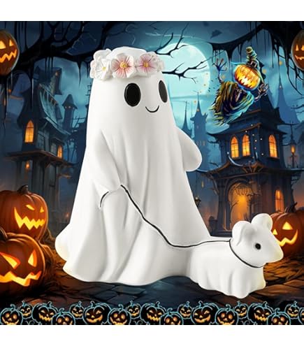 Halloween Deko Geister Figuren - 2 Harz Geister Mit Kürbis & Fledermaus