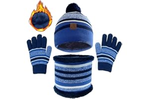 JFAN 3 en 1 Chaud Tricot Bonnet Enfant Hiver Chapeau Echarpe Gants Ensemble Lot de 3 Motifs Rayures Mignonne Multicolore Ski Cap