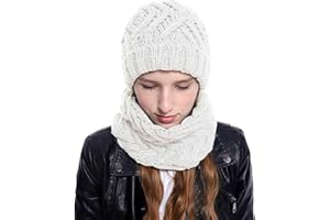 Adicloz 3 in 1 Chapeau Écharpe Ensemble de Gants Femme, Doublure Molleton Doux bonnet d'hiver Tube Écharpe plus Chaud Tactile Gants, Laine Tricot Bonnet Chaud Cache-Cou Extensible pour Femme