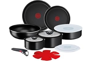 Lagostina Ingenio Essential Plus Set di Pentole, Alluminio per Gas e Forno, 17 Pezzi, 2 Casseruole Fonde, 2 Padelle, Tegame, Wok, 5 Coperchi, 5 Proteggi Padella e Manico Removibile