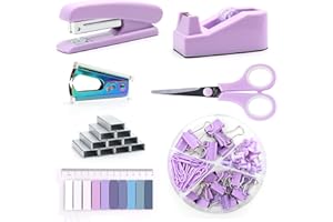 QPENGUINBABIES Lila Bürobedarf, LilaSchreibtischzubehör, Hefter und Klebebandabroller-Set für Frauen mit Hefter, Klebebandabroller, Heftklammerentferner, Heftklammern, Clips, Schere und Tabs, Geschenk für