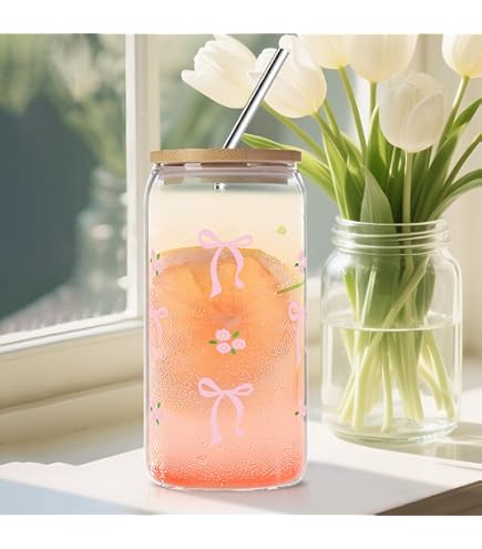 LINYIJOY Glasbecher 500ml Mit Deckel - Bubble Tea Becher Mit Strohhalm In Rosa