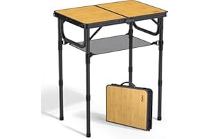 Anbte Mesa Camping Plegable 58x40x26/48/70cm Ajustable Altura Mesas de Acampada Portátil Mesa Playa Aluminio Impermeable Negro para Terraza Playa Exterior BBQ Color Raya de Bambú Negro