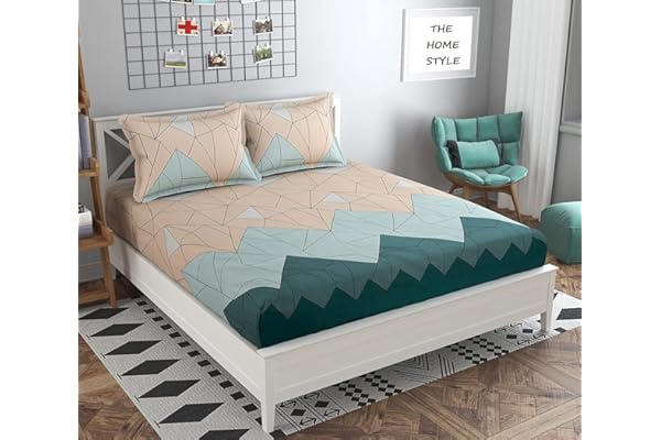THE HOME STYLE Cotton Feel Glace Cotton Elastic Fitted Printed King Size Double Bed Bedsheet with 2 Pillow Cover(72"x78", Pastel Green) , 300 - 350 threadcount