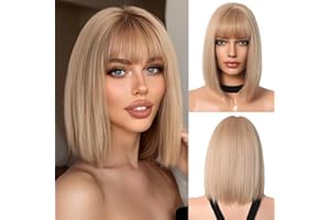 OUFEI Blond peruka bob z grzywką, krótka, prosta peruka dla kobiet, syntetyczne włosy, peruki do cosplay, na co dzień, na imprezę, do użytku na co dzień