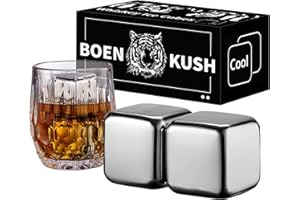BOENKUSH Whisky Steine – 2 große 64 cm³ wiederverwendbare Edelstahl Metall Eiswürfel Getränke kühl Whisky steine für Rotwein, Bier, Scotch, Wodka-Getränke – Geschenkset für Männer – Silbrig