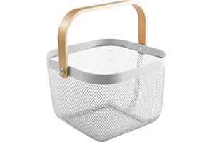 Bncxdc portafrutta, fruttiera, Cestino in metallo con manico in legno per la cucina, il bagno, la dispensa, larmadio, la casa, la spesa, il picnic, Bianco