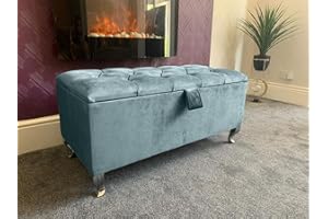 SK LUXURY LIVING Ottoman Storage Box - Engineered Wood Fabric Buttons Luxurious Plush Velvet Ottoman Storage Bench, Perfectly Designed Ottoman for Bedroom Storage (Duck Egg Plush, Legs)