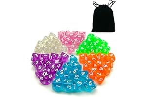 BESCON DICE 60pcs Assorted Colored Translucent D10 (1-10) Pack, 6X10pcs 10 Sides Dice Transparent Polyhedral Dice D10 Set in Black Velvet Pouch