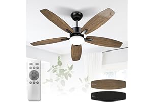 Mefine Wentylator sufitowy z oświetleniem i pilotem zdalnego sterowania, cichy, 106 cm, wentylator sufitowy z lampą LED z 5 drewnianymi łopatkami, rysunek słojów drewna/czarny, do sypialni, salonu