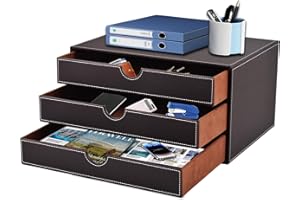 XNONE Home Office Desktop Schreibtisch-Schubladenbox mit 3 geschlossenen A4-Fächern, PU-Leder-Schubladenbox, Schmuck-Organizer, Kosmetik-Organizer, U-förmige Öffnung, handgenähte Nähte(braun