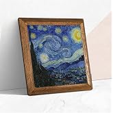 Pinecone Vincent van Gogh Yıldızlı Gece Taş Duvar Tablosu - Ahşap &Ccedil;er&ccedil;eveli Taş Tablo - 25x25 cm - Dekoratif Duvar Sanatı - M