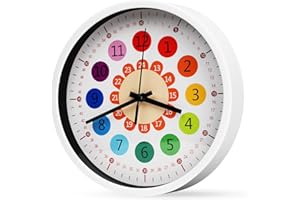 KONESKY Reloj de pared para niños, reloj de pared para habitación infantil, silencioso, sin ruido de tictac, 20,3 cm, números de colores, fácil de leer, reloj analógico para niños para aprender la hora, reloj