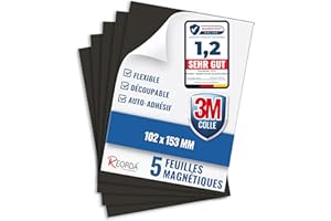 Film Magnétique Autocollant Reorda - Lot de 5 Feuilles Adhésives avec 3M Puissantes - Plaques Découpables pour Réfrigérateur, Tableau, Affiches et Bricolage DIY