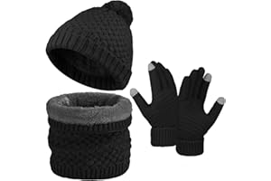 TAGVO Hiver Tricotés Ensemble Bonnet Écharpe Gants D'écran Tactile Femme, Doux Bonnet Cache-Cou Épais et Chaud Gants en tricot avec Doublure en Polaire Cosy 3 Paquet,pour Ski Accessoires d'hiver