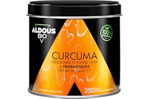 ALDOUS BIO 250 Gélules PROBIOTIQUES + Curcuma BIO au Gingembre et Poivre Noir - 1460mg - Curcuma à base de Curcumine et Pipérine - Anti-inflammatoire Naturel - Formule Avancée - Certifié Bio - ALDOUS